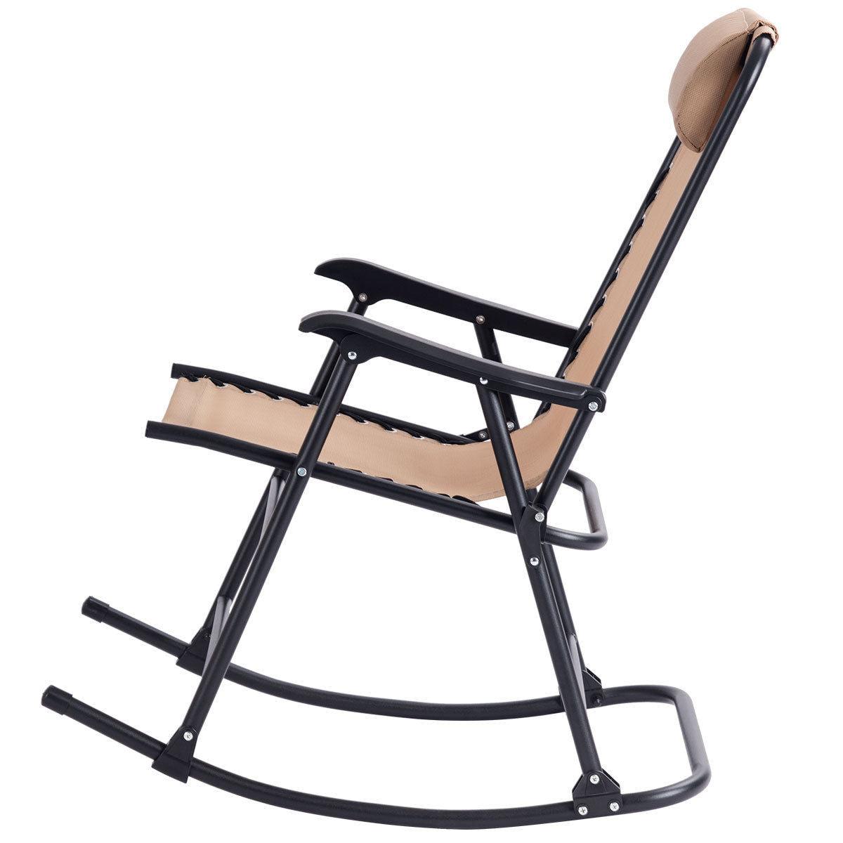 Folding Zero Gravity Rocking Chair Rocker Porch Outdoor Patio Headrest Beige (D67)(FW2)(1U67)