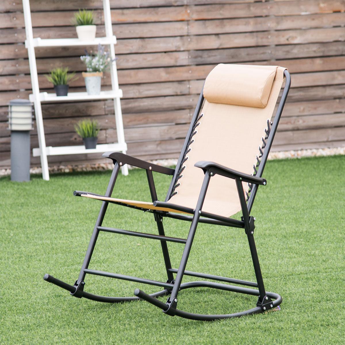 Folding Zero Gravity Rocking Chair Rocker Porch Outdoor Patio Headrest Beige (D67)(FW2)(1U67)
