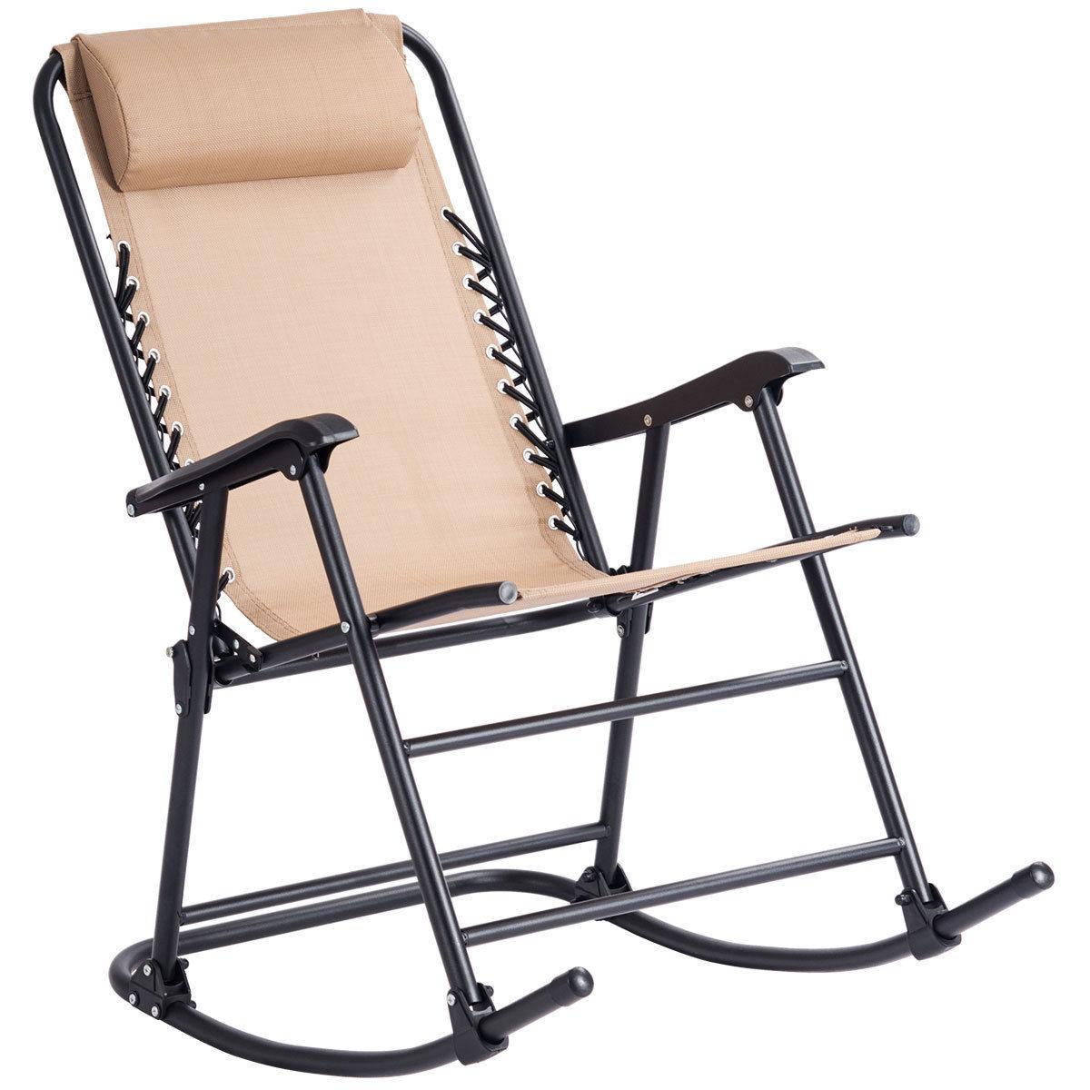 Folding Zero Gravity Rocking Chair Rocker Porch Outdoor Patio Headrest Beige (D67)(FW2)(1U67)