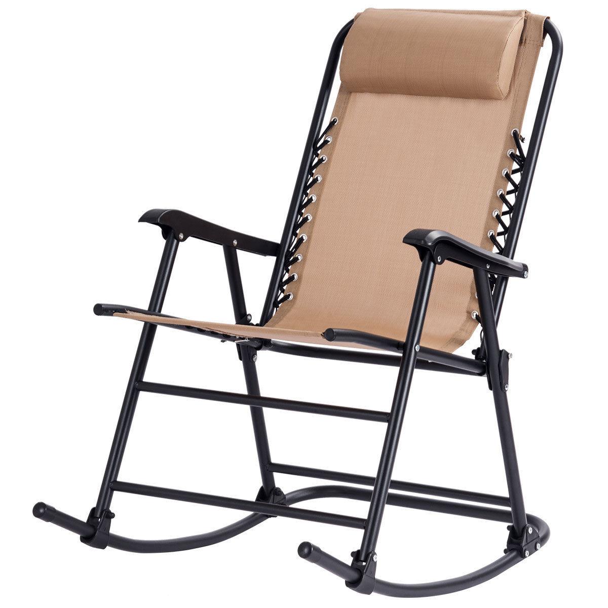 Folding Zero Gravity Rocking Chair Rocker Porch Outdoor Patio Headrest Beige (D67)(FW2)(1U67)