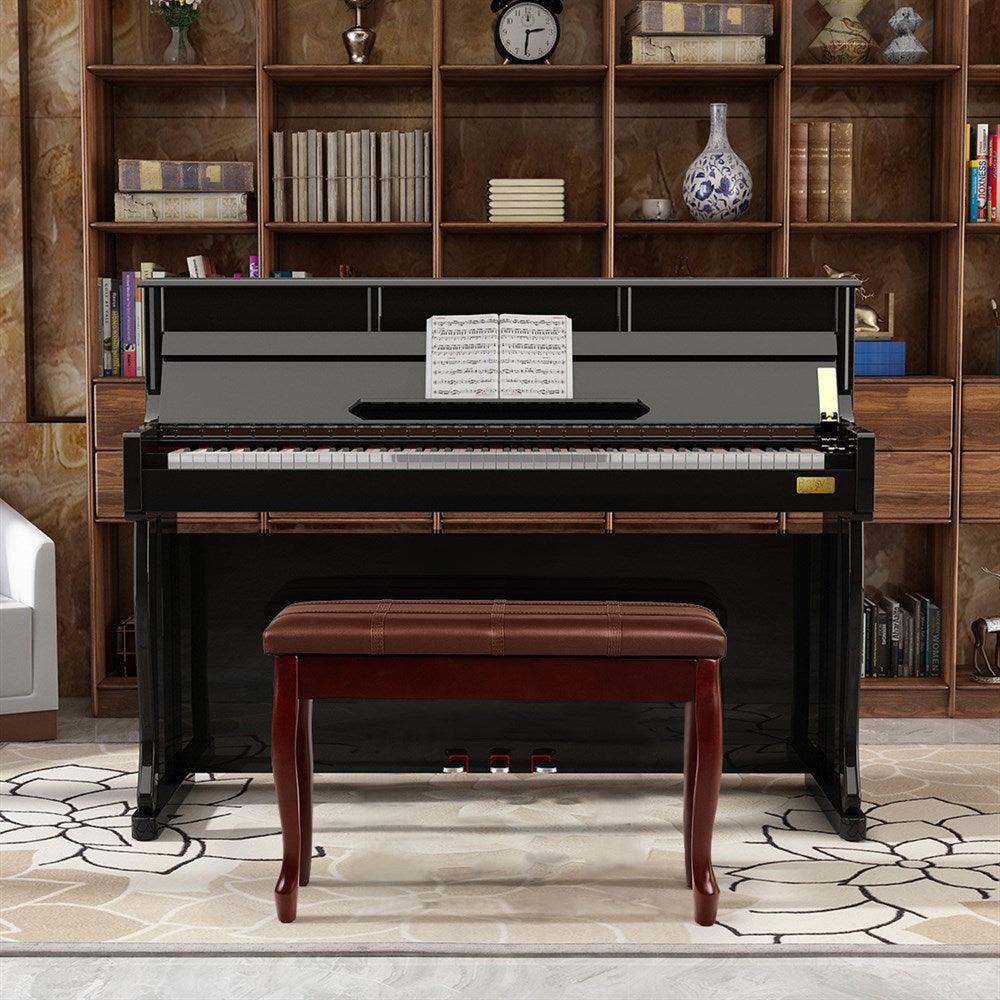 Solid Wood PU Leather Piano Bench Padded Double Duet Keyboard Seat Storage Brown (FW7)(1U67)