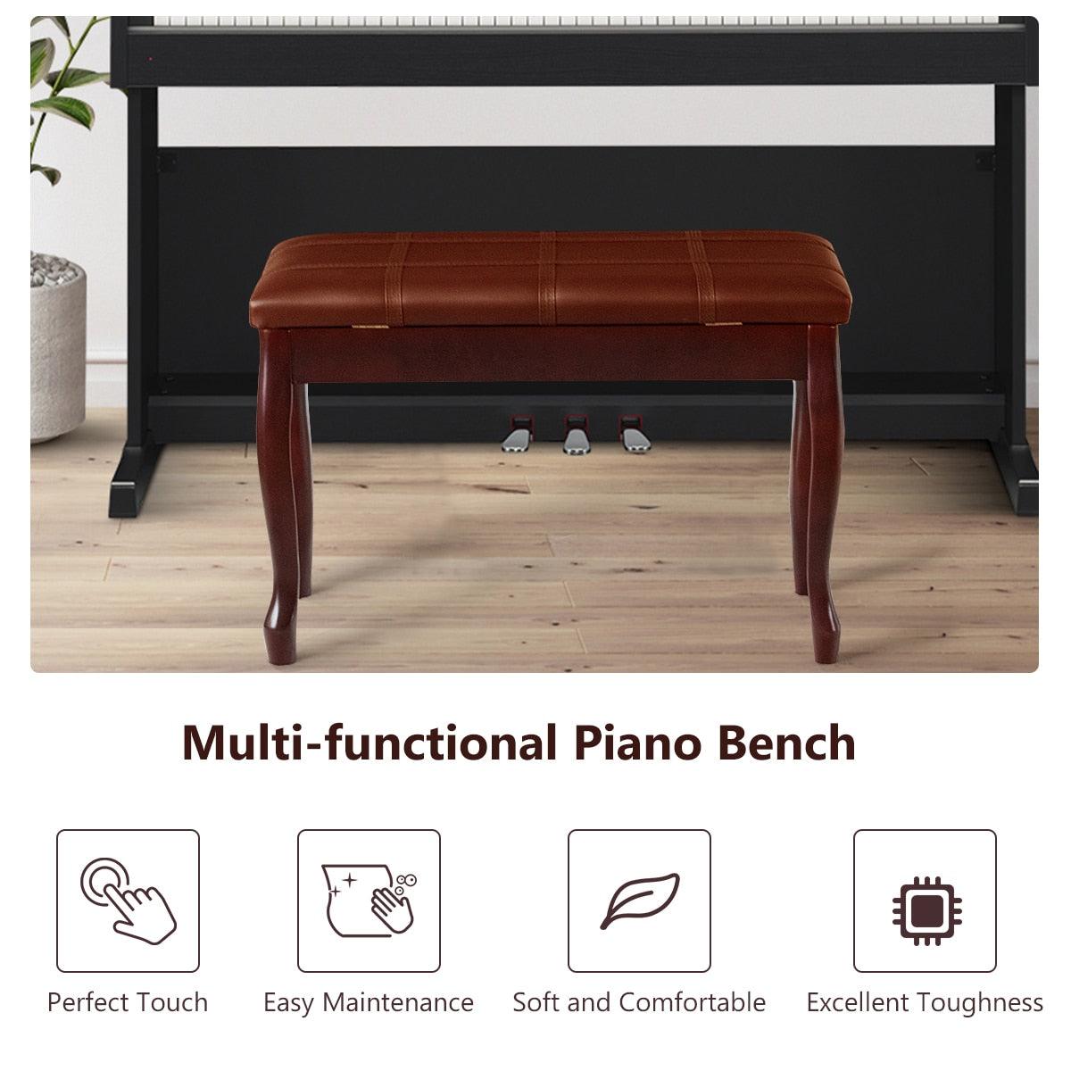 Solid Wood PU Leather Piano Bench Padded Double Duet Keyboard Seat Storage Brown (FW7)(1U67)