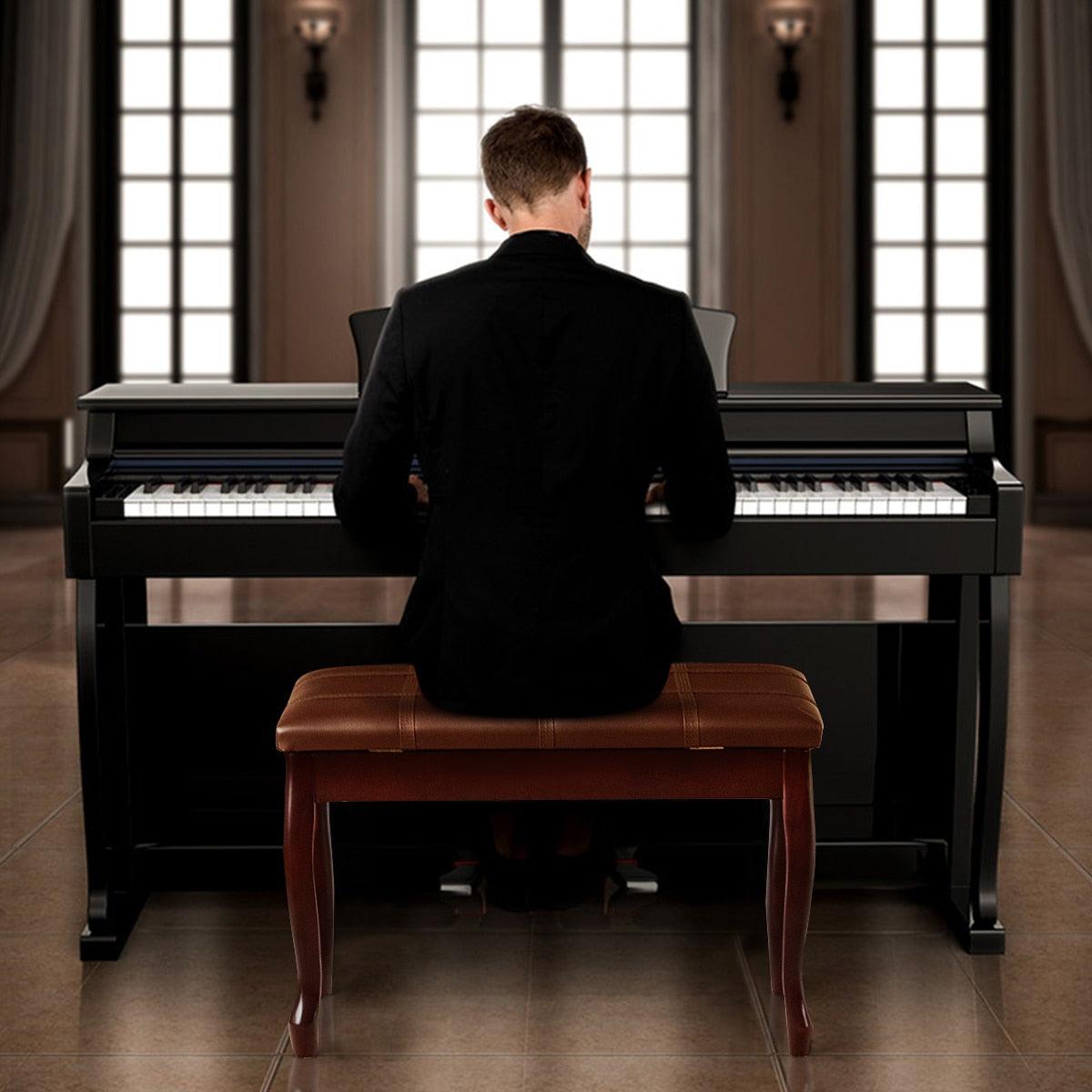 Solid Wood PU Leather Piano Bench Padded Double Duet Keyboard Seat Storage Brown (FW7)(1U67)