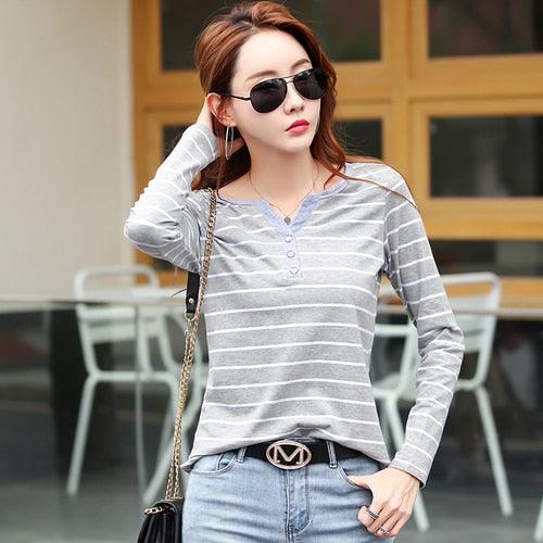 Cotton Women T-Shirt -Women Long Sleeve Striped Top - Female Clothing Fashion Top - Lady V-neck - Plus Size (TB2)