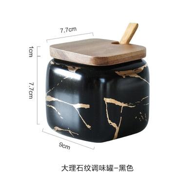 Creative Nordic Style Marble Pattern Ceramic Kitchen Seasoning Tank Set - Wooden Cover Salt Shaker Spice Jar (AK8)(F61)