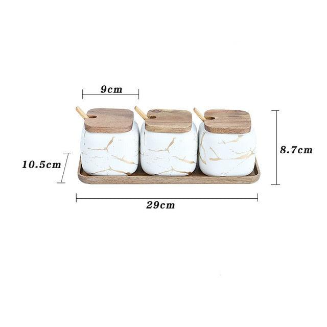 Creative Nordic Style Marble Pattern Ceramic Kitchen Seasoning Tank Set - Wooden Cover Salt Shaker Spice Jar (AK8)(F61)