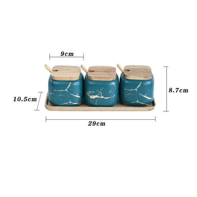 Creative Nordic Style Marble Pattern Ceramic Kitchen Seasoning Tank Set - Wooden Cover Salt Shaker Spice Jar (AK8)(F61)