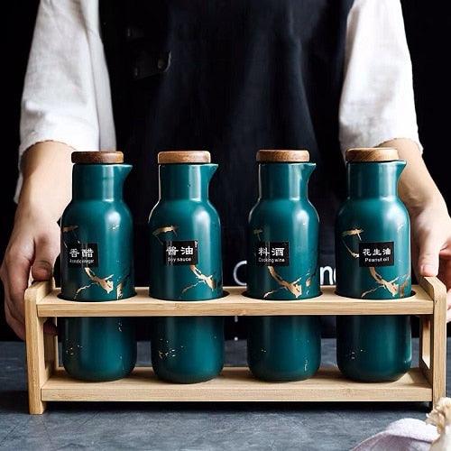 Creative Nordic Style Marble Pattern Ceramic Kitchen Seasoning Tank Set - Wooden Cover Salt Shaker Spice Jar (AK8)(F61)