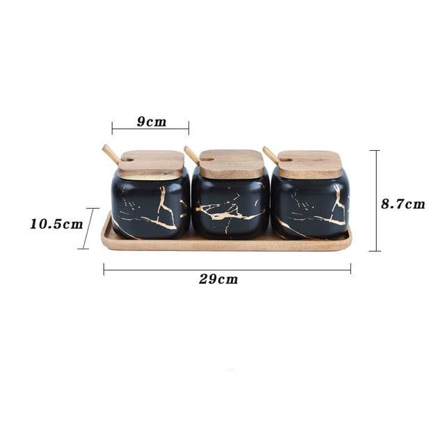 Creative Nordic Style Marble Pattern Ceramic Kitchen Seasoning Tank Set - Wooden Cover Salt Shaker Spice Jar (AK8)(F61)
