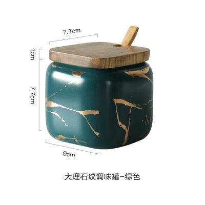 Creative Nordic Style Marble Pattern Ceramic Kitchen Seasoning Tank Set - Wooden Cover Salt Shaker Spice Jar (AK8)(F61)