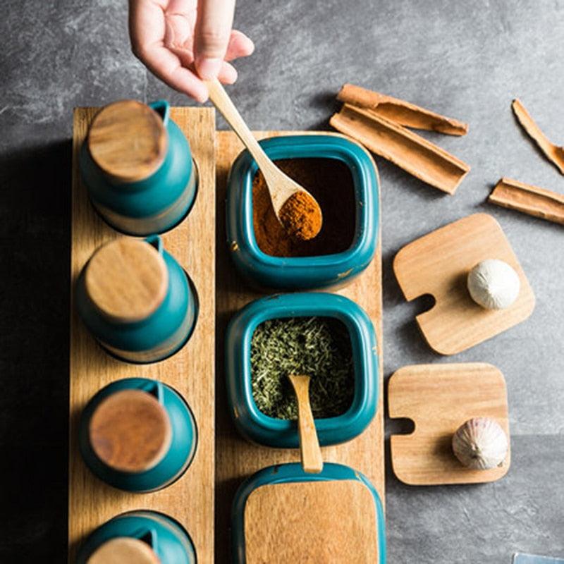 Creative Nordic Style Marble Pattern Ceramic Kitchen Seasoning Tank Set - Wooden Cover Salt Shaker Spice Jar (AK8)(F61)