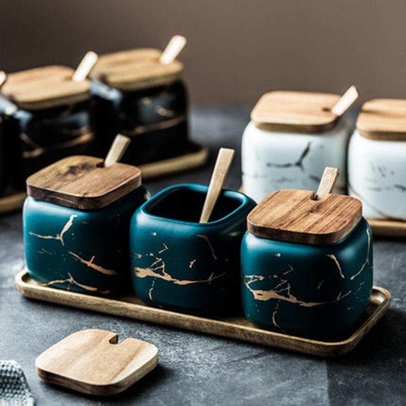 Creative Nordic Style Marble Pattern Ceramic Kitchen Seasoning Tank Set - Wooden Cover Salt Shaker Spice Jar (AK8)(F61)