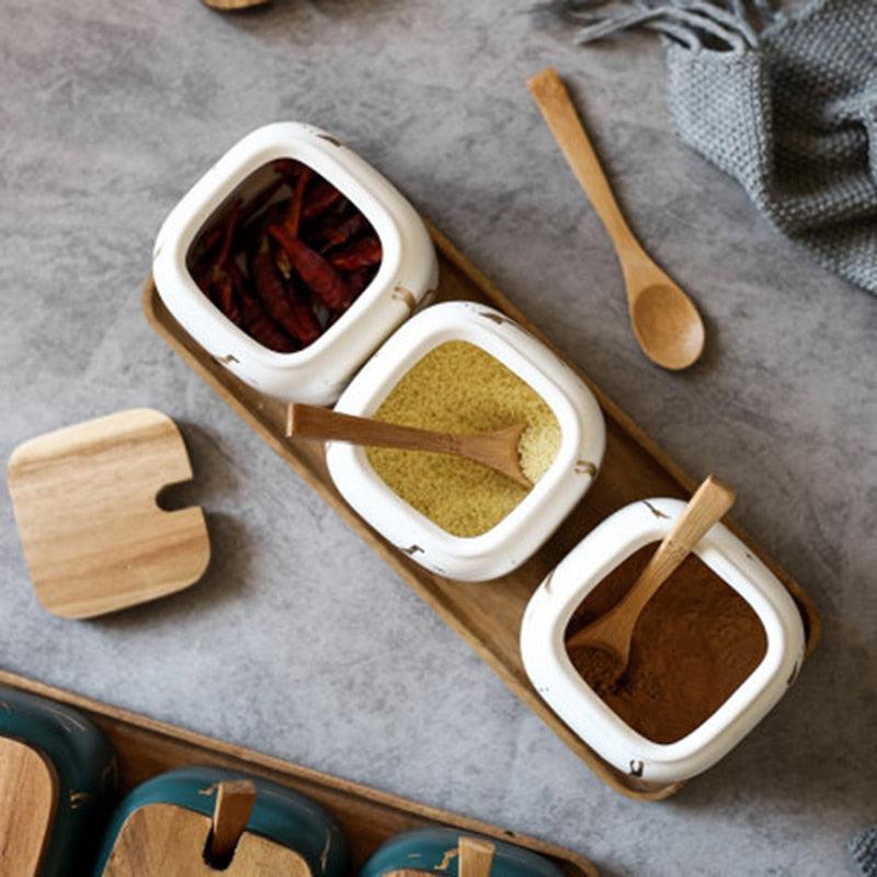Creative Nordic Style Marble Pattern Ceramic Kitchen Seasoning Tank Set - Wooden Cover Salt Shaker Spice Jar (AK8)(F61)