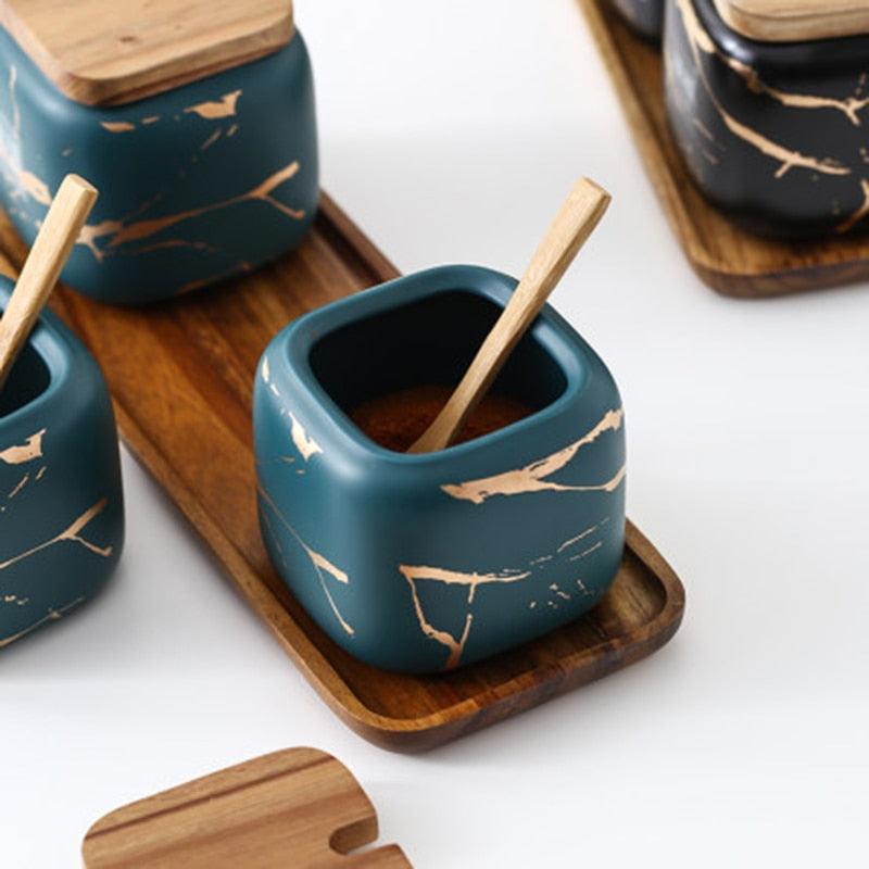 Creative Nordic Style Marble Pattern Ceramic Kitchen Seasoning Tank Set - Wooden Cover Salt Shaker Spice Jar (AK8)(F61)