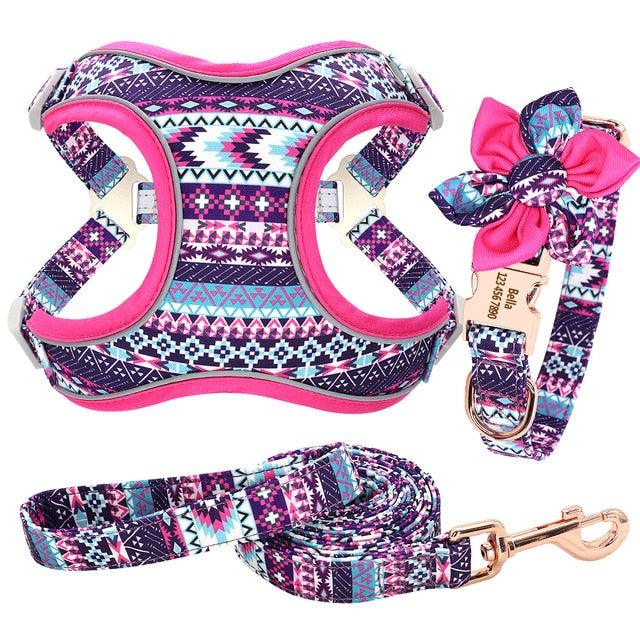 Custom Nylon Dog Collar Harness Leash Set - Personalized Nameplate ID Tag Collars Adjustable (3W1)(2W1)(1W1)(F70)