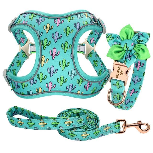 Custom Nylon Dog Collar Harness Leash Set - Personalized Nameplate ID Tag Collars Adjustable (3W1)(2W1)(1W1)(F70)
