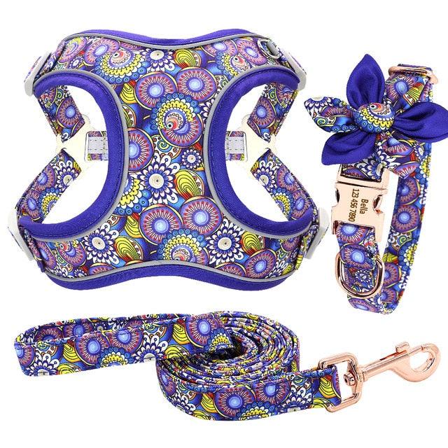 Custom Nylon Dog Collar Harness Leash Set - Personalized Nameplate ID Tag Collars Adjustable (3W1)(2W1)(1W1)(F70)
