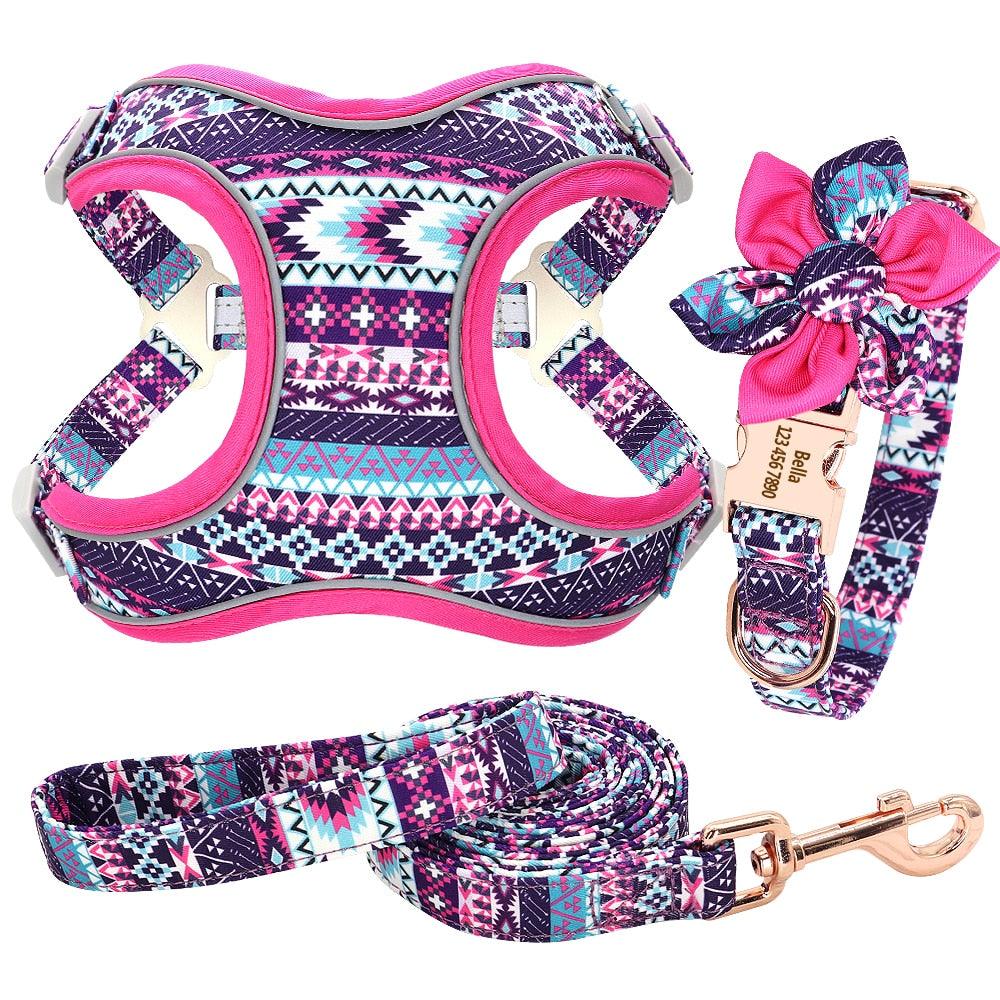 Custom Nylon Dog Collar Harness Leash Set - Personalized Nameplate ID Tag Collars Adjustable (3W1)(2W1)(1W1)(F70)