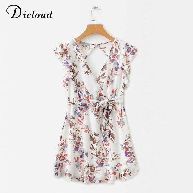 Chic Floral Mini Chiffon Dresses - Women Summer Butterfly Sleeve Beach Dress - Party V Neck Backless Wrap Dress (D18)(WS06)