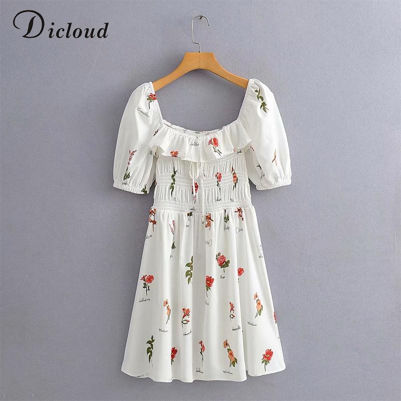 Summer White Women Day Dress - Floral Puff Sleeve Mini Party Dress - Lace-up Sexy Backless Outfit (WS06)