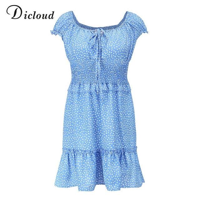 Ruffle Summer Dress - Short Sleeve Casual Beach Sundress Dress - A Line Backless Bohemian Print Mini Dress (WS06)