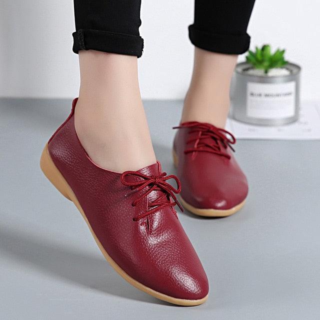 Women Ladies Female Mother Leather Shoes - Flats Loafers Genuine Leather Footwear (D40)(FS)