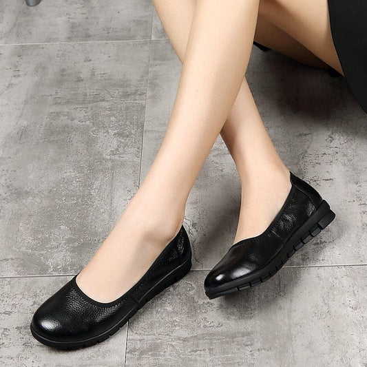 Women Mother Old Female Flats Loafers Genuine Leather Shoes - Slip On Round Toe (FS)