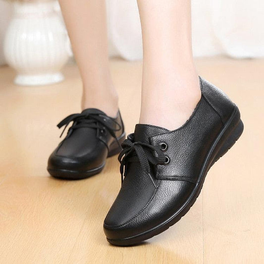 Women Flats Shoes - Loafers Cow Genuine Leather Lace Up Shoes (FS)
