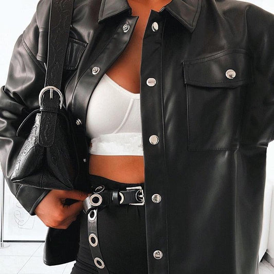 Streetwear Black PU Leather Blouse - Women Cardigan Buttons Fashion Shirt - Top Long Sleeve Solid Leather Blouses (TB4)