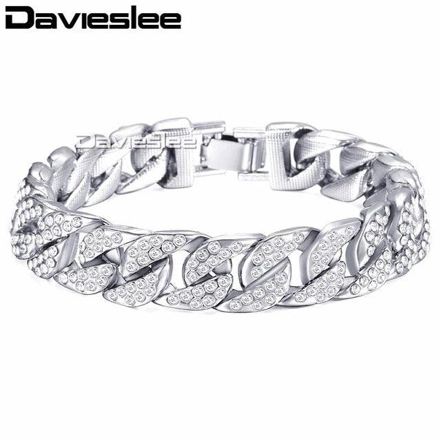 Great 14mm 20cm Men's Bracelet - Curb Cuban Chain - Yellow Gold Filled Paved Rhinestones (2U83)