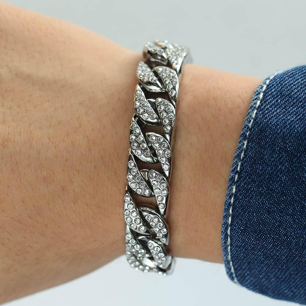 Men's Bracelet Chain - White Yellow Gold Filled Iced Out Curb Cuban Paved 14mm LGB403 (2U83)