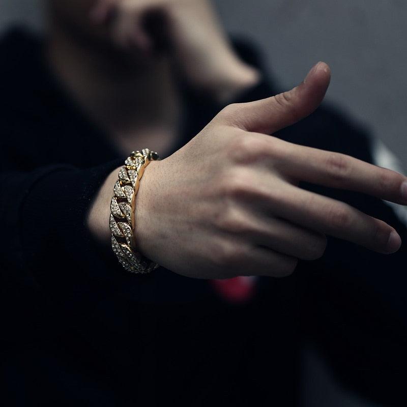 Men's Bracelet Chain - White Yellow Gold Filled Iced Out Curb Cuban Paved 14mm LGB403 (2U83)