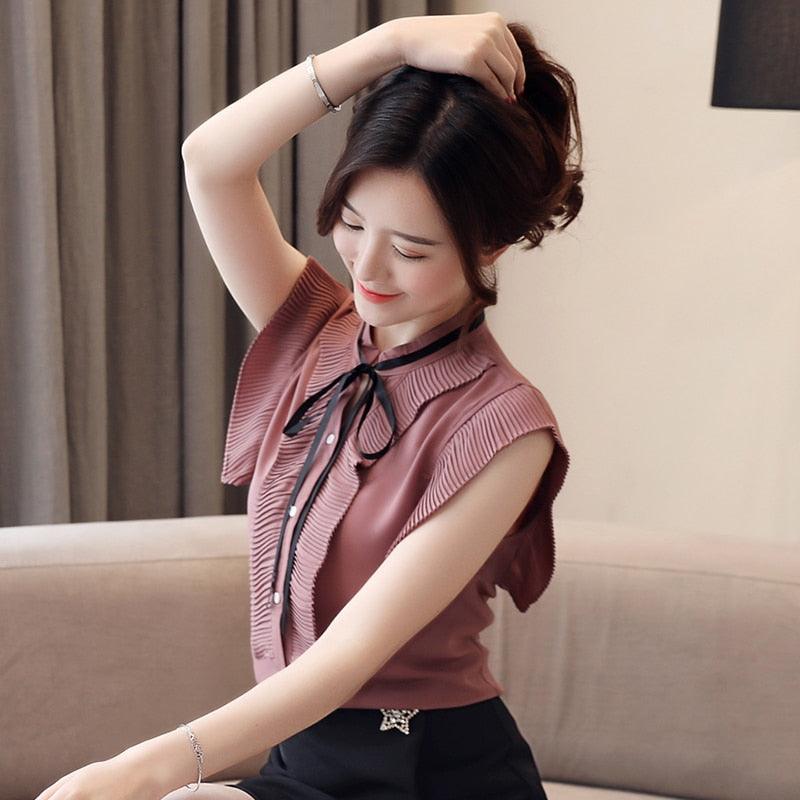 Great Summer Tops - Short Sleeve Women Chiffon Blouse - Elegant Bow Ti –  Deals DejaVu