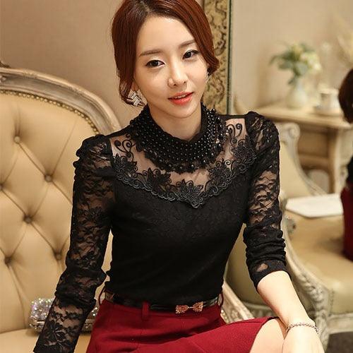 Gorgeous Elegant Long Sleeve Blouse - Women Lace Tops - Mesh Chiffon Female Clothing (TB1)(BCD2)