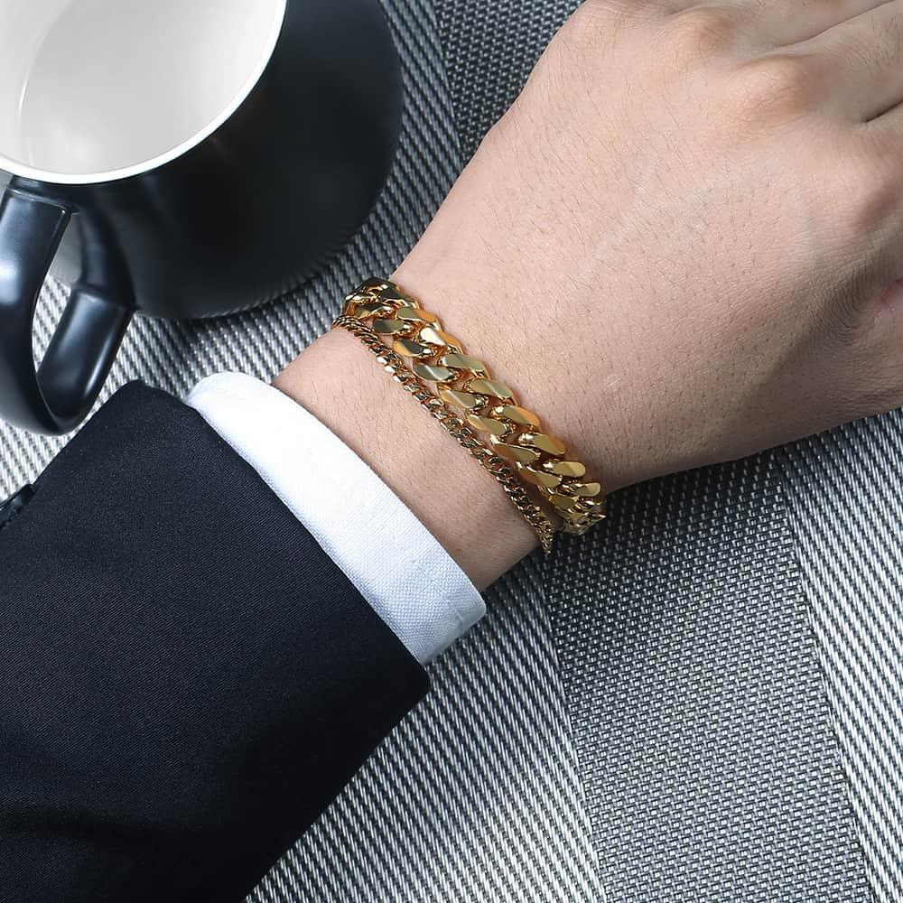 Double Curb Cuban Chain Bracelet - Men Stainless Steel Bracelet Link Gold Fashion Color (2U83)