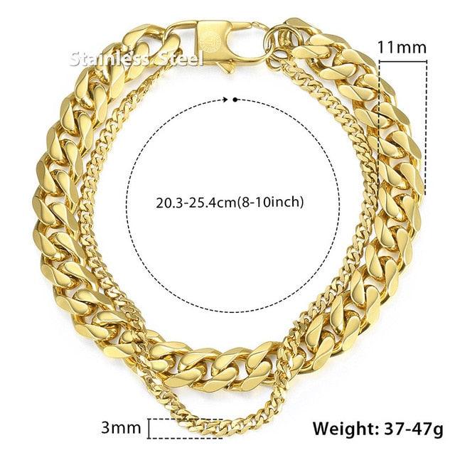Double Curb Cuban Chain Bracelet - Men Stainless Steel Bracelet Link Gold Fashion Color (2U83)