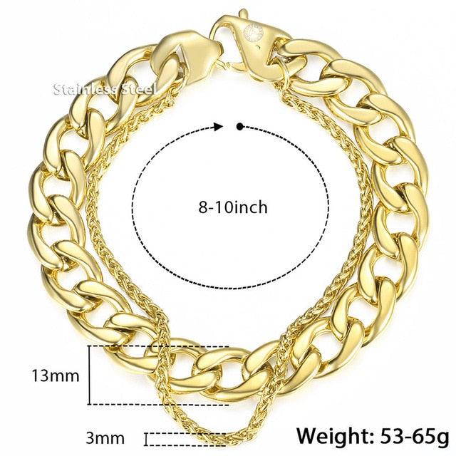 Double Curb Cuban Chain Bracelet - Men Stainless Steel Bracelet Link Gold Fashion Color (2U83)