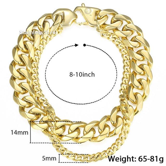 Double Curb Cuban Chain Bracelet - Men Stainless Steel Bracelet Link Gold Fashion Color (2U83)