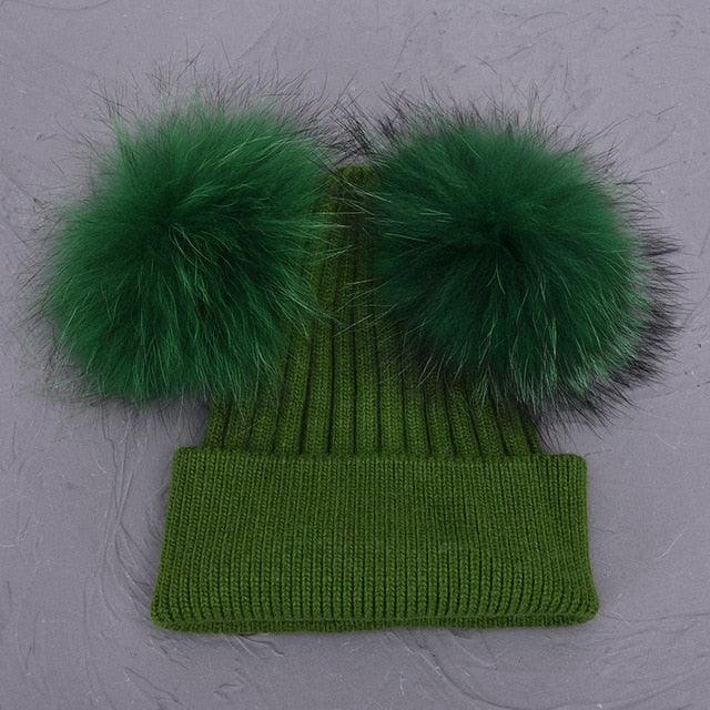 Gorgeous Fur Pompom Hat - Women Winter Beanies - Female Two Fur Beanie Hat (WH7)(F87)