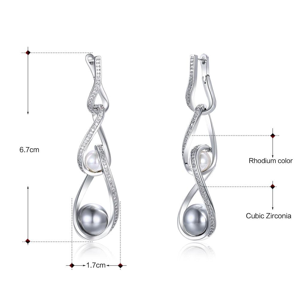 New Arrive Women Drop Earrings - White and Grey Synthetic Pearls Zirconia Jewelry (2JW2)(F81)