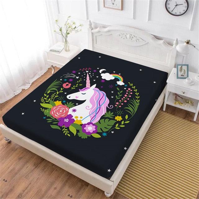 Purple Cartoon Bed Sheet Unicorn Fitted Sheet Colorful Flowers Plant Print (5BM)