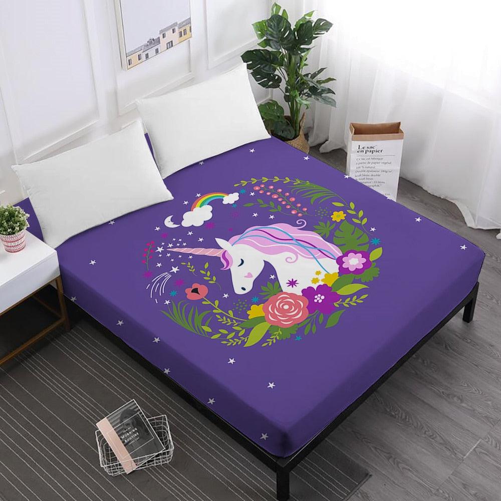 Purple Cartoon Bed Sheet Unicorn Fitted Sheet Colorful Flowers Plant Print (5BM)