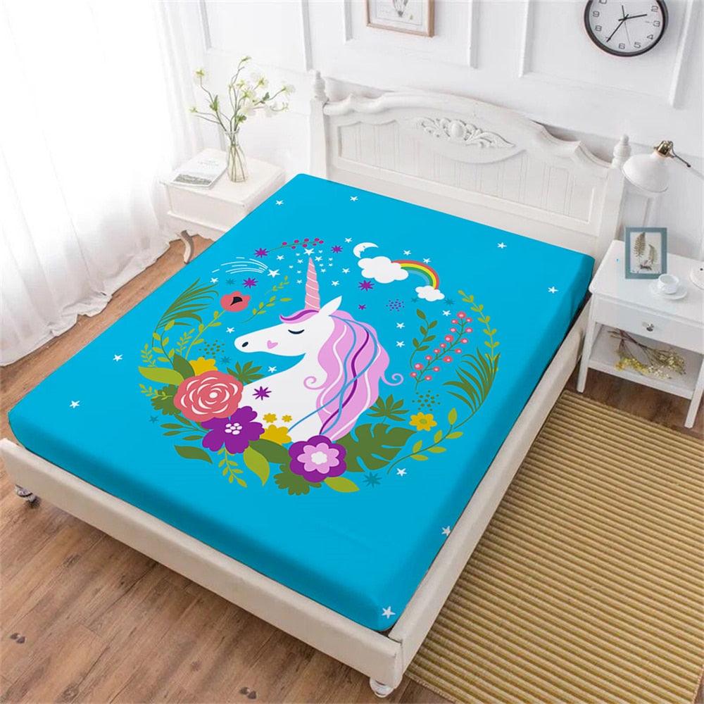 Purple Cartoon Bed Sheet Unicorn Fitted Sheet Colorful Flowers Plant Print (5BM)