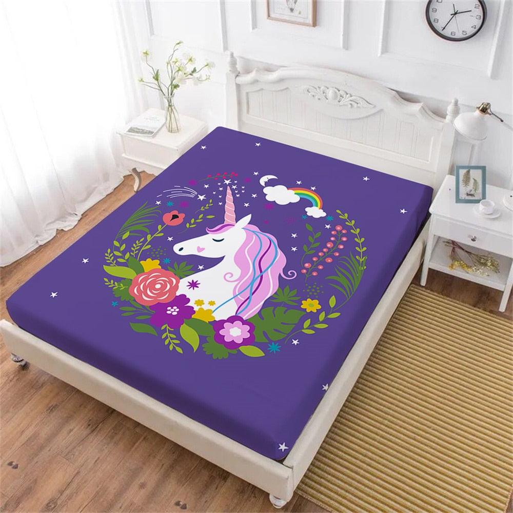 Purple Cartoon Bed Sheet Unicorn Fitted Sheet Colorful Flowers Plant Print (5BM)