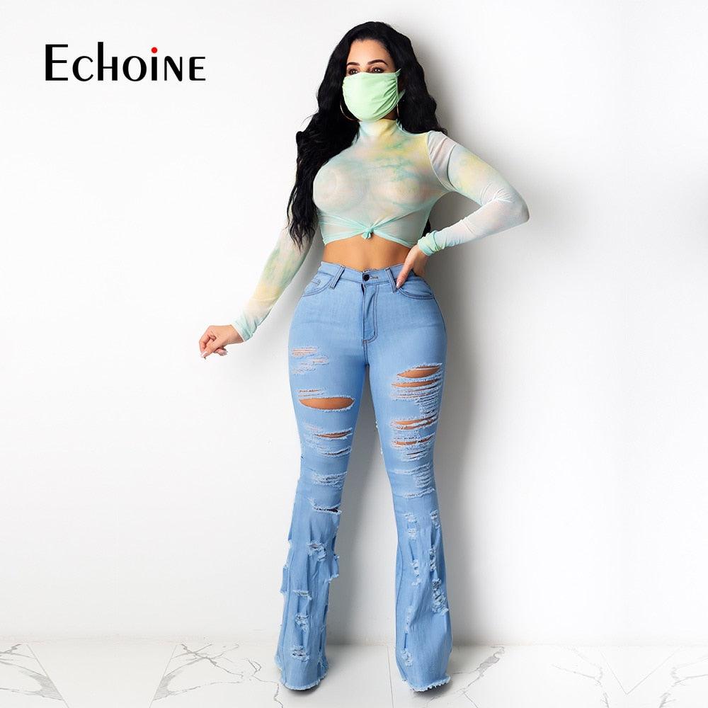 Trending High Waisted Women Ripped Jeans - Streetwear Bell Bottom Jeans - Fashion Flare Clothing - Plus Size (2U21)