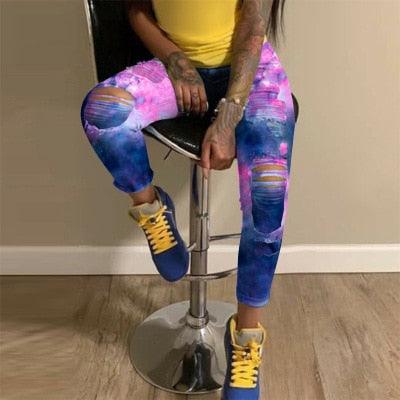 New Women Tie-Dye Print Hole Pencil Jeans - Sexy Streetwear High Waist Hollow Out Fashion Trousers (3U21)(3U35)