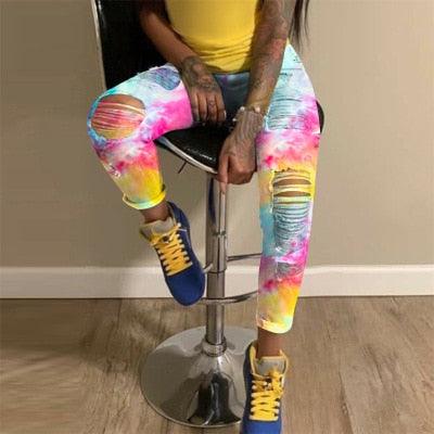 New Women Tie-Dye Print Hole Pencil Jeans - Sexy Streetwear High Waist Hollow Out Fashion Trousers (3U21)(3U35)