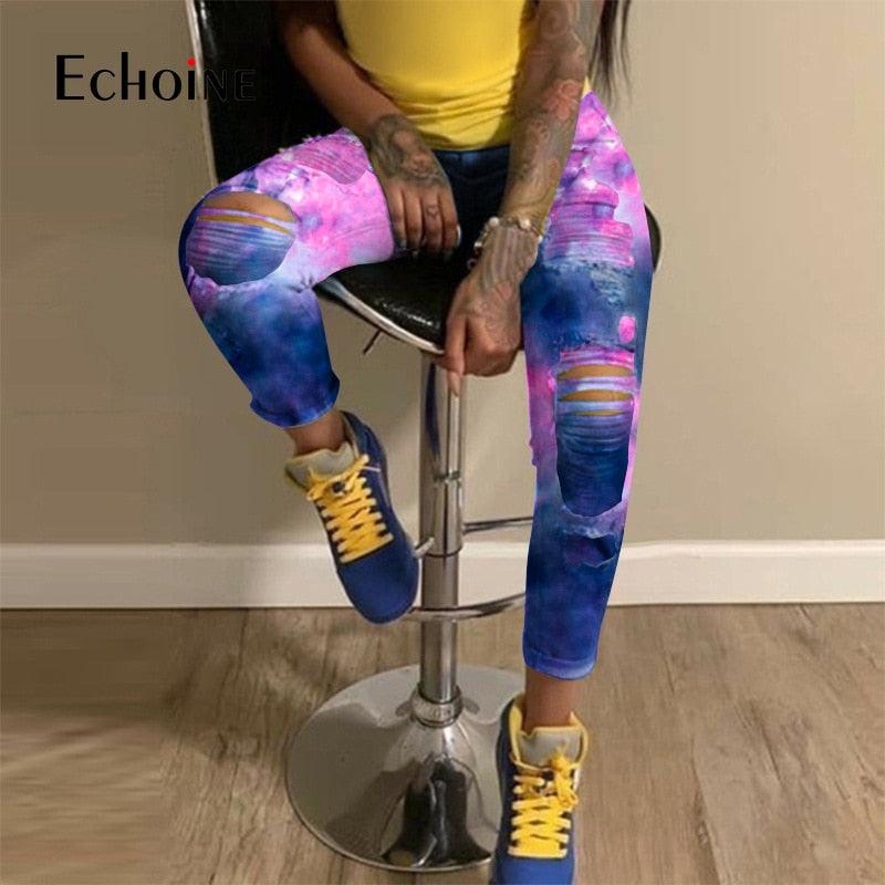New Women Tie-Dye Print Hole Pencil Jeans - Sexy Streetwear High Waist Hollow Out Fashion Trousers (3U21)(3U35)