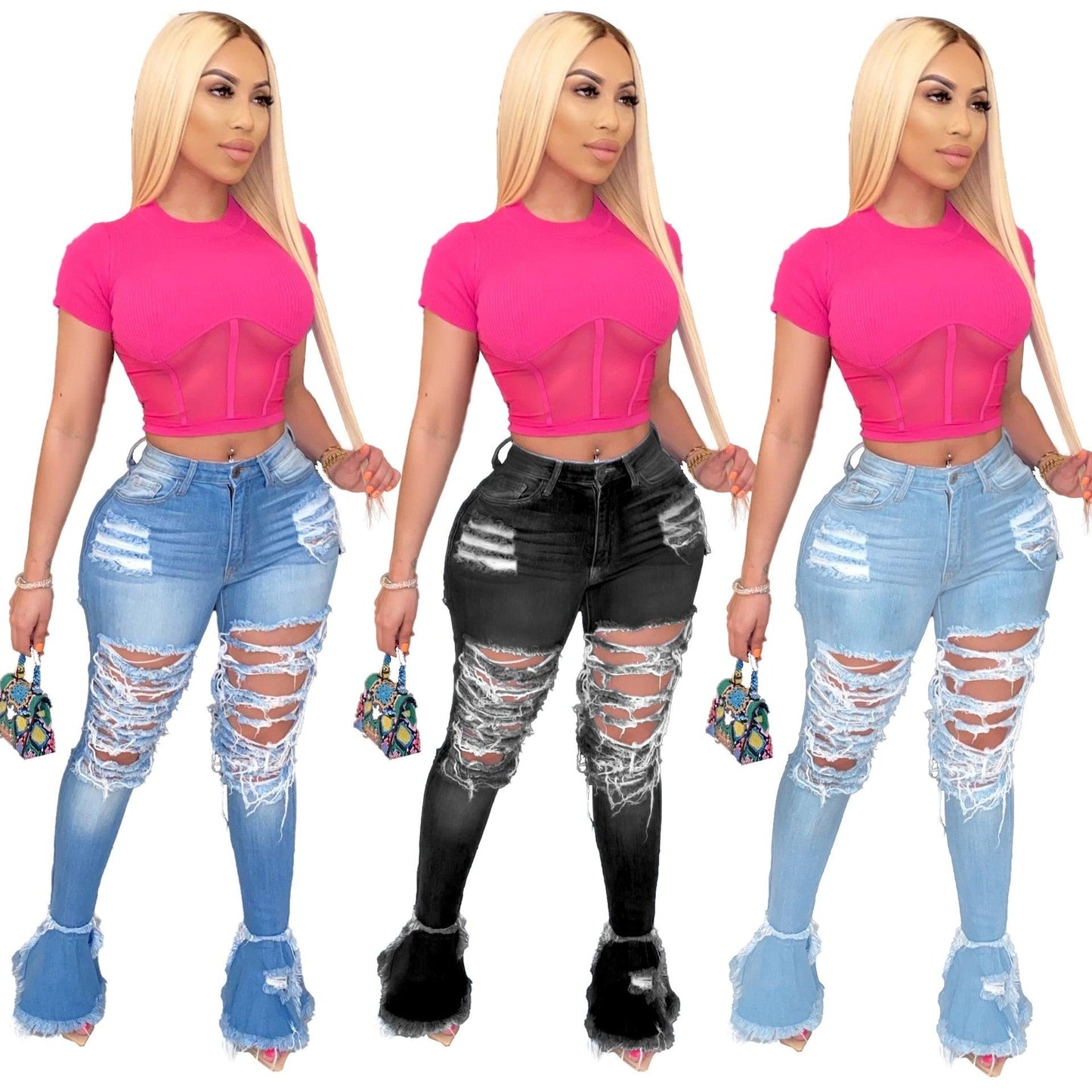 Great Ripped Women High Waist Jeans - Vintage Flare With Holes Patchwork - Bell Bottom Jean (3U21)