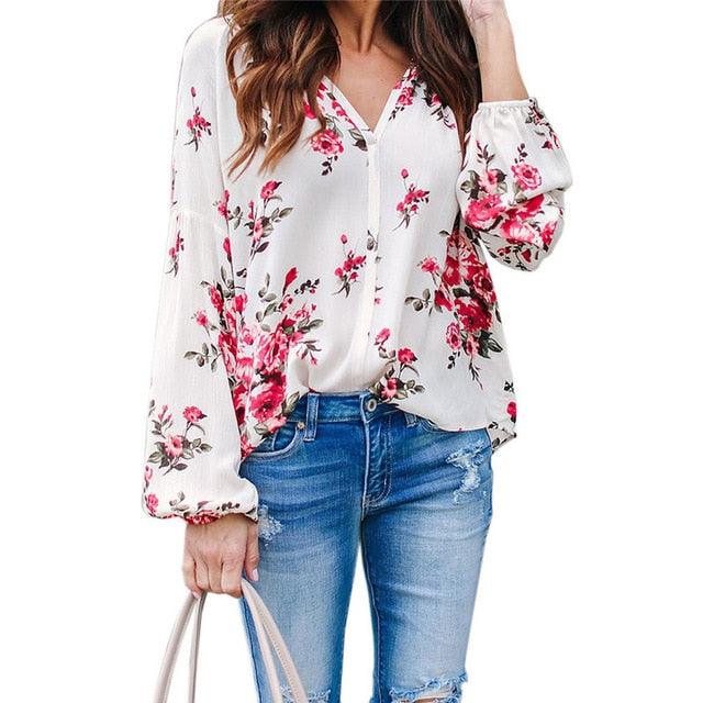 Fashion Women Elegant Chiffon Blouses - Ballon Long Sleeve - Floral Print Sexy V-Neck - Office Lady Shirt (2U19)(2U35)